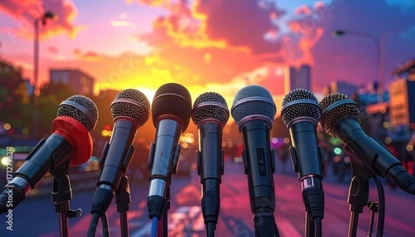 Fototapeta Row of Microphones on Stands Set Against a Vibrant Orange Sunset Sky in a Cityscape Backdrop