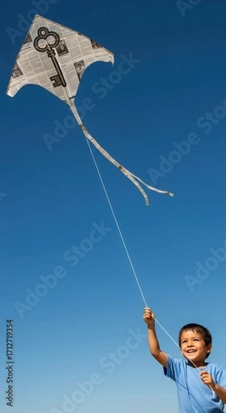 Fototapeta Child joyfully flies a unique kite made of newspaper against a clear blue sky in the afternoon sunlight