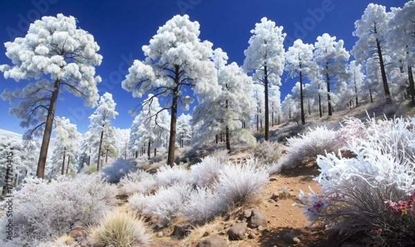 Obraz Frost-Covered Pine Forest Under Bright Blue Sky: A Serene Winter Landscape
