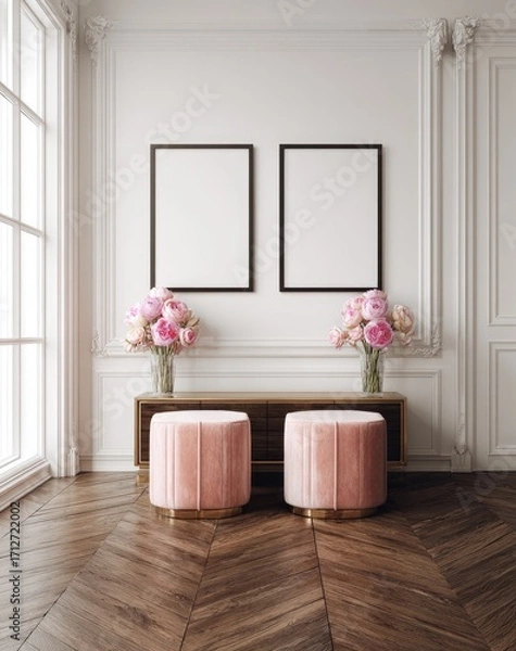 Obraz Two empty picture frames hang above a pair of blush pink accent stools in a sophisticated, light-filled interior setting.