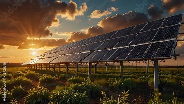 Fototapeta An expanse of solar panels on a field under a blue sky generates clean, renewable energy