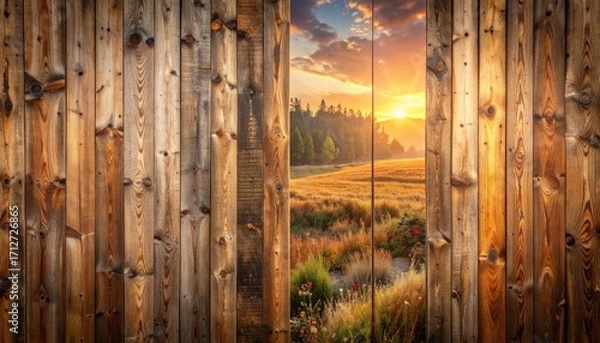 Fototapeta Rustic Wooden Wall with a View of Forest Meadow at Sunset with Golden Light and Colorful Sky Open Window Scenery