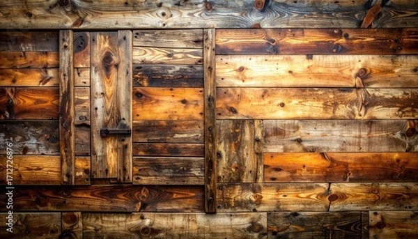 Fototapeta Rustic Wooden Wall with Varying Brown Tones and Weathered Texture Featuring Wood Grain and Exposed Nails, Dark Shadows for Atmospheric Look