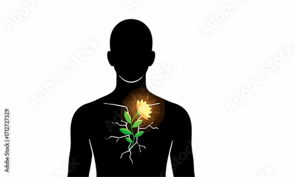Fototapeta  Inner Bloom
Minimalist flat vector of a human silhouette with a crack in the chest, from which a glowing flower plant grows, isolated on white background, clean lines, symbolic design..genitive ai