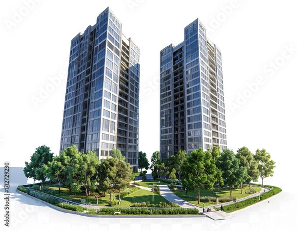 Fototapeta Angled 3D perspective of two tall modern towers with surrounding park area, trees