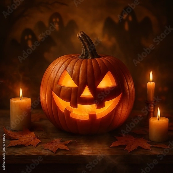 Obraz A vibrant Jack-o'-lantern and candles in the fog for Halloween. An atmospheric autumnal composition with mysterious ghostly shadows.