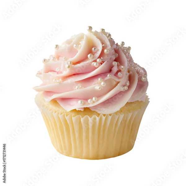Fototapeta cupcake with light pink swirled frosting and pearl sprinkles isolated on a transparent background, in a PNG format