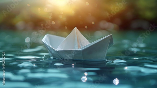 Fototapeta Crisp white paper boat floating on bright blue water with gentle ripples and soft sunlight, centered with natural reflections and open space