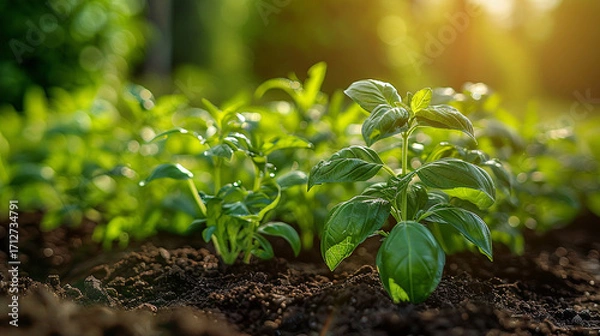 Fototapeta Thriving organic herb garden with orderly rows of basil and rosemary, natural daylight casting soft shadows, and shallow depth of field focusing on the foreground plants