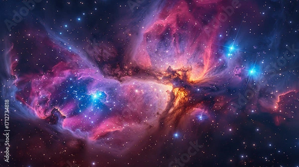 Fototapeta Vivid pink and blue nebula with swirling gaseous clouds and scattered star clusters set against a deep black backdrop, with bright highlights on dust formations for cosmic depth