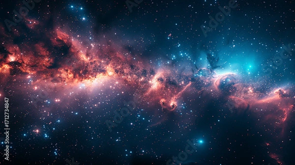 Fototapeta Vivid pink and blue nebula with swirling gaseous clouds and scattered star clusters set against a deep black backdrop, with bright highlights on dust formations for cosmic depth