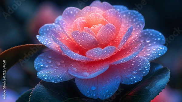 Fototapeta Close-up of a vibrant camellia flower in shades of pink, blue, and purple glowing against a dark background, with detailed symmetrical petals and space for copy