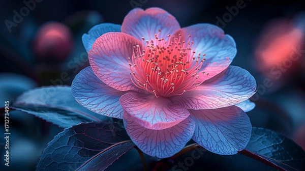 Fototapeta Close-up of a vibrant camellia flower in shades of pink, blue, and purple glowing against a dark background, with detailed symmetrical petals and space for copy