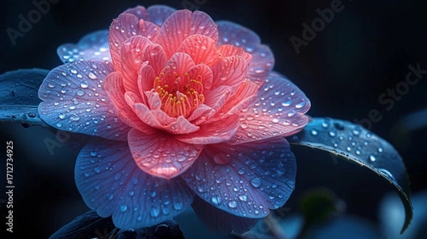 Fototapeta Close-up of a vibrant camellia flower in shades of pink, blue, and purple glowing against a dark background, with detailed symmetrical petals and space for copy