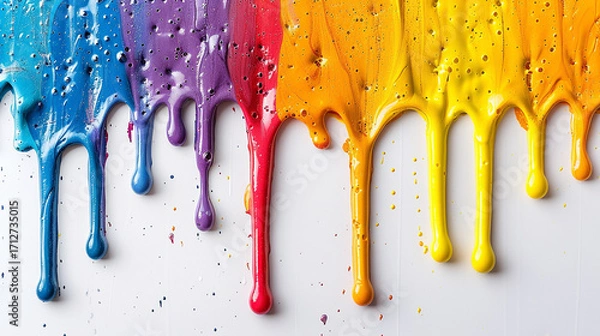 Fototapeta Vertical rainbow paint drips on clean white background, high contrast with glossy texture and ample copy space around vibrant trails