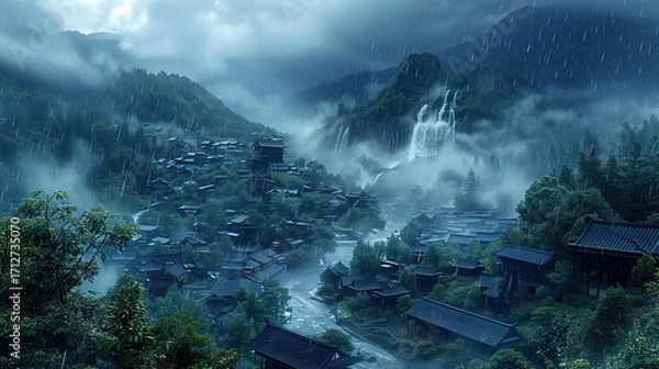 Fototapeta A dramatic rainstorm rages over a remote mountain village, with cascading waterfalls and misty clouds enveloping the rugged landscape.