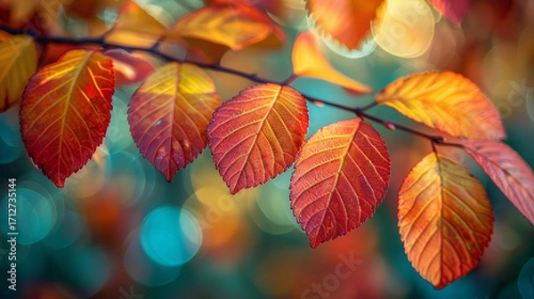 Fototapeta Colorful tree branch with red, yellow, and green leaves softly lit by sunlight, with a shallow depth of field creating a creamy blurred background for a warm seasonal feel