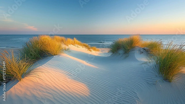 Fototapeta Expansive sand dunes with gentle curves and fine ripples shaped by the wind, set against an ocean horizon under warm evening light with soft elongated shadows