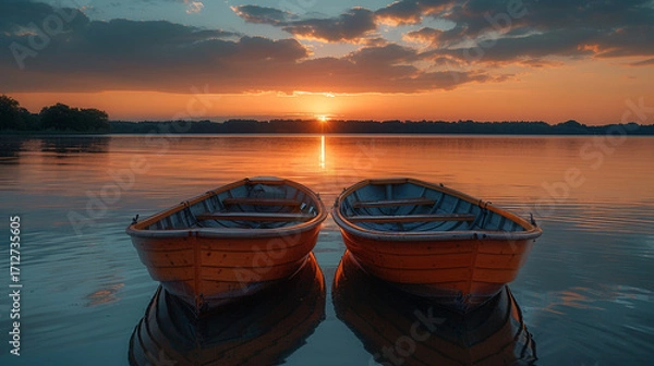 Fototapeta Peaceful golden hour scene with wooden rowboats on still lake water, reflecting warm tones and subtle ripples for a tranquil outdoor visual