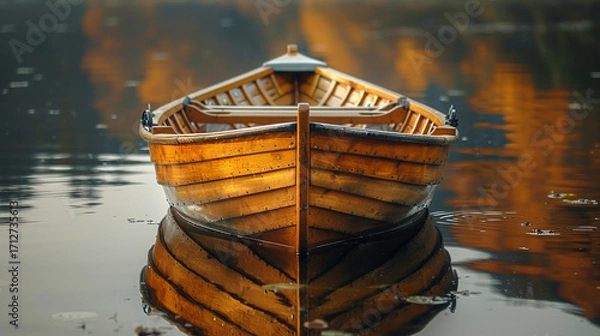 Fototapeta Peaceful golden hour scene with wooden rowboats on still lake water, reflecting warm tones and subtle ripples for a tranquil outdoor visual