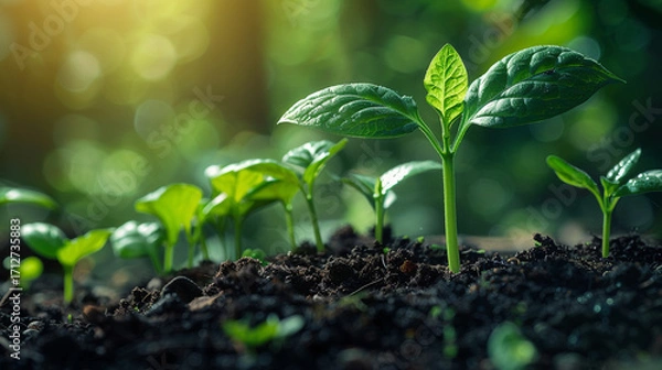 Fototapeta Young green seedlings sprouting from nutrient-rich soil under warm sunlight, natural bokeh background, and detailed realistic plant textures with open copy space above