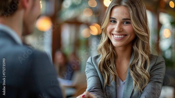Fototapeta Young HR manager greeting job candidate with a handshake in office, warm smiles and realistic posture for recruitment and onboarding visuals