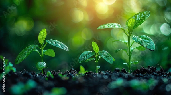 Fototapeta Young green seedlings sprouting from nutrient-rich soil under warm sunlight, natural bokeh background, and detailed realistic plant textures with open copy space above