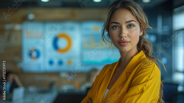 Fototapeta Young professional female analyst presenting in front of a large interactive board with charts and data visuals