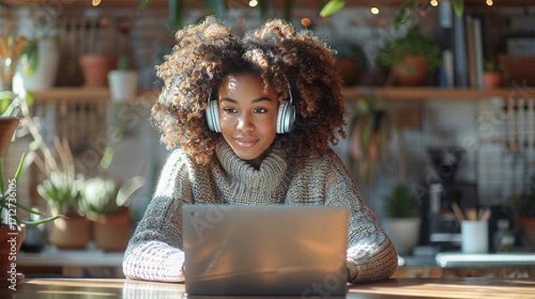 Fototapeta Young woman attending remote meeting with headphones in a cozy home office, warm morning light and minimal background for vertical editorial use