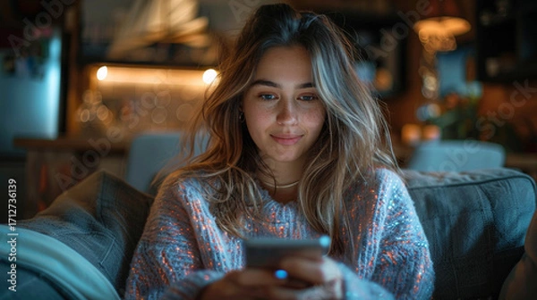 Fototapeta Young woman in casual attire sitting on a couch using a smartphone to chat with an AI chatbot interface.