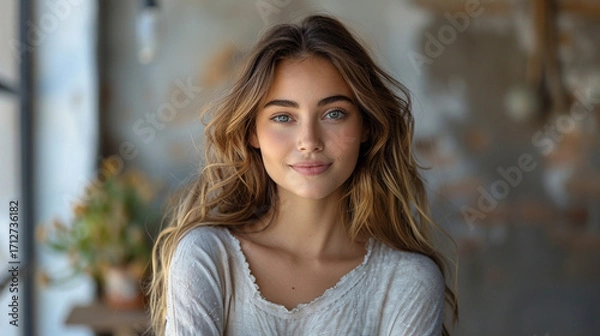 Fototapeta Young woman in smart-casual attire standing against a plain neutral wall with arms crossed, soft smile and warm daylight casting subtle shadows, large negative space for branding or copy