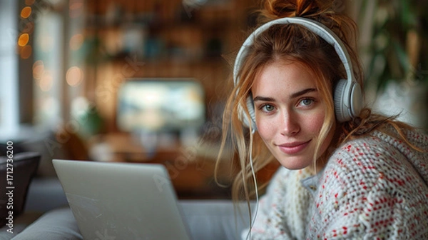 Fototapeta Young woman attending remote meeting with headphones in a cozy home office, warm morning light and minimal background for vertical editorial use