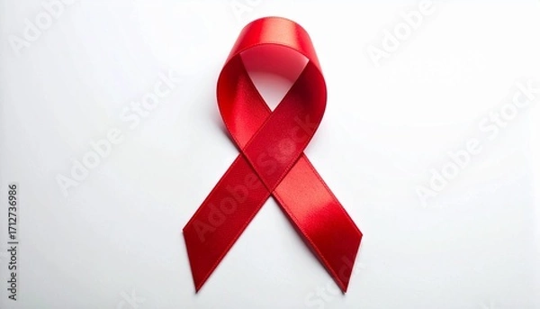 Fototapeta High resolution close-up of a red silk awareness ribbon on a clean white background. Perfect for World AIDS Day campaigns, HIV awareness, healthcare, and solidarity concepts.