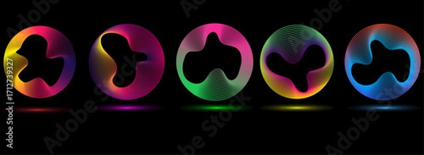 Fototapeta Vibrant Neon Circle Waves Set – Glowing Multicolor Spectrum Rings & Futuristic Light Frames on Black Tech Background. Glowing neon circles with dynamic wave lines.