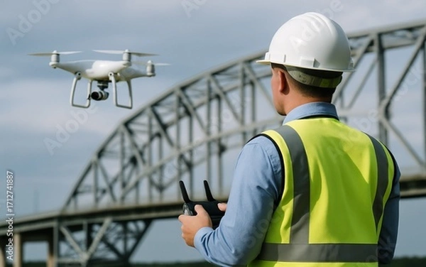 Fototapeta White quadcopter drone inspecting bridge structure with construction inspector operating remote control
