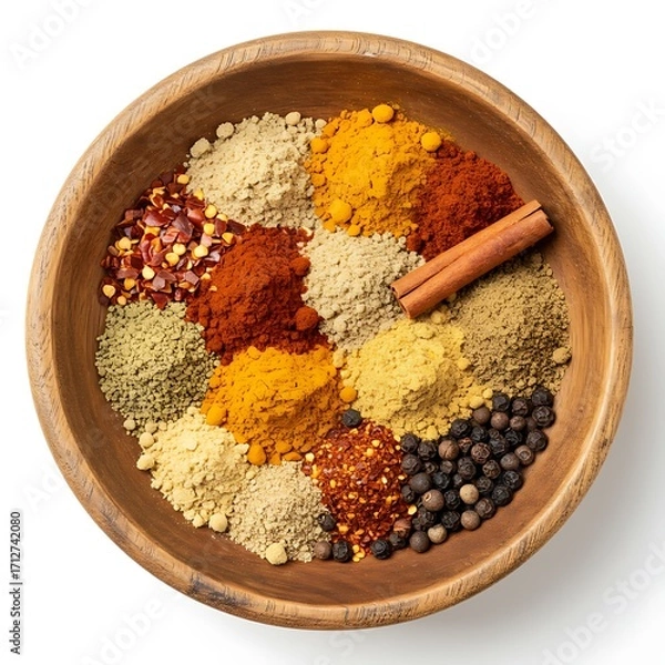 Obraz mix of spices in wooden bowl isolated on a white background with copy space for your text. Top view. Flat lay. Set or collection