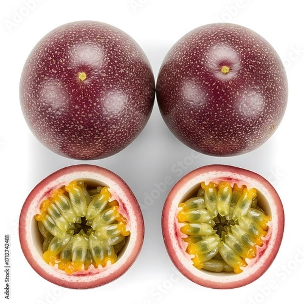 Obraz maracuya. isolated view. a Flat Top on and Two half whole Isolated white fruits background. lay passion  Diet