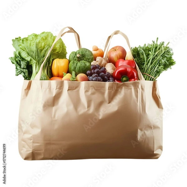 Fototapeta Kraft paper bag filled with different fruits and vegetables isolated on transparen background (PNG)