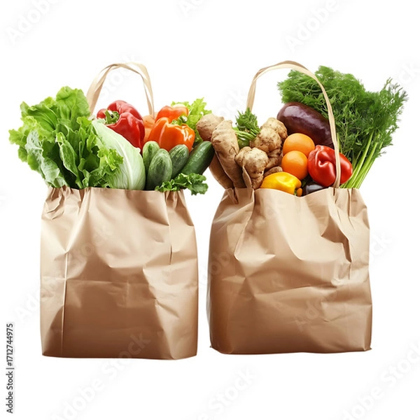 Fototapeta Kraft paper bag filled with different fruits and vegetables isolated on transparen background (PNG)