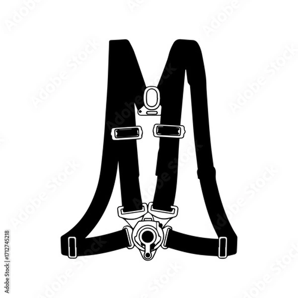 Fototapeta Black and White Racing Harness with Buckles and Straps, Isolated View.