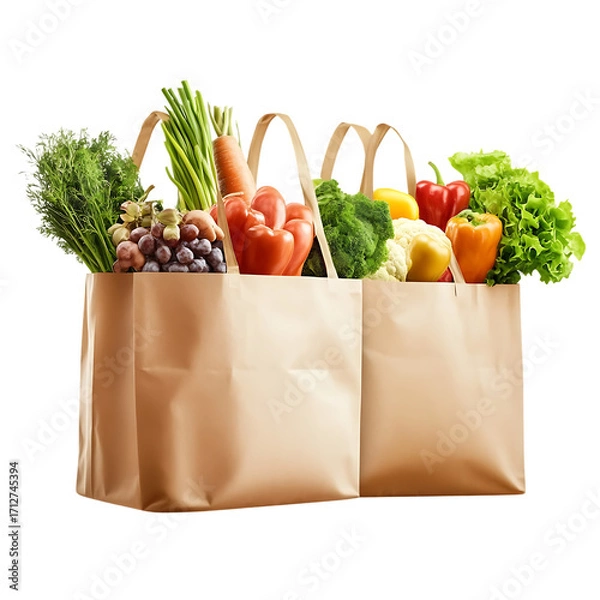 Fototapeta Kraft paper bag filled with different fruits and vegetables isolated on transparen background (PNG)