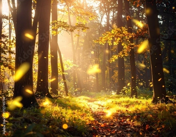 Fototapeta Sunlight streams through a forest path lined with autumn leaves and falling golden particles.