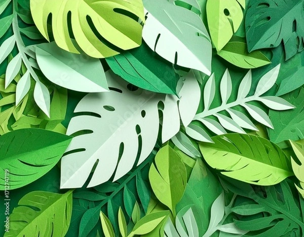 Fototapeta Paper crafted green leaves of various shapes and sizes, creating a lush, layered botanical background.