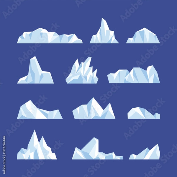 Fototapeta A collection of flat illustrations of icebergs in different shapes on a dark blue background