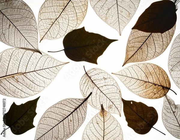 Fototapeta A collection of dried leaves with visible veins, some dark and some translucent, scattered on a white background.