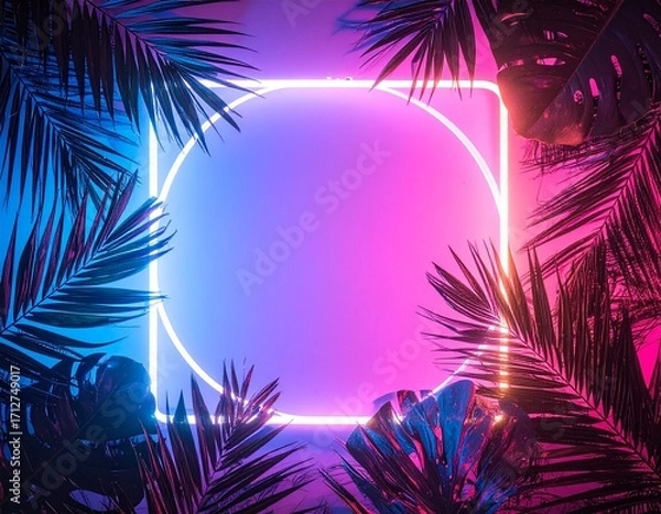 Fototapeta A vibrant neon frame with a glowing circle and square, surrounded by dark tropical palm leaves.