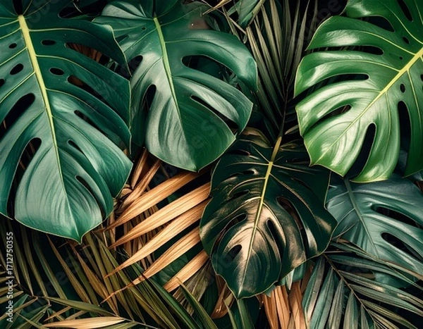 Fototapeta A close-up view of lush green monstera leaves and golden palm fronds, creating a rich tropical foliage background.