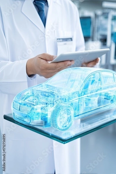 Fototapeta Auto engineer next to a holographic model of a car. Innovative technologies in the development of car design. A futuristic car design emerges as the engineer explores the hologram.