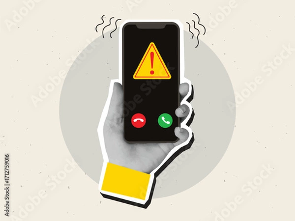 Fototapeta Black and white hand holding ringing phone with warning icon with exclamation mark on screen. Concept of fraudulent phone calls. Modern collage style. Vector illustration