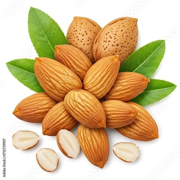 Obraz with depth view. on Top of Almonds with nuts and path lay background Flat full clipping white isolated leaves field.  Hard